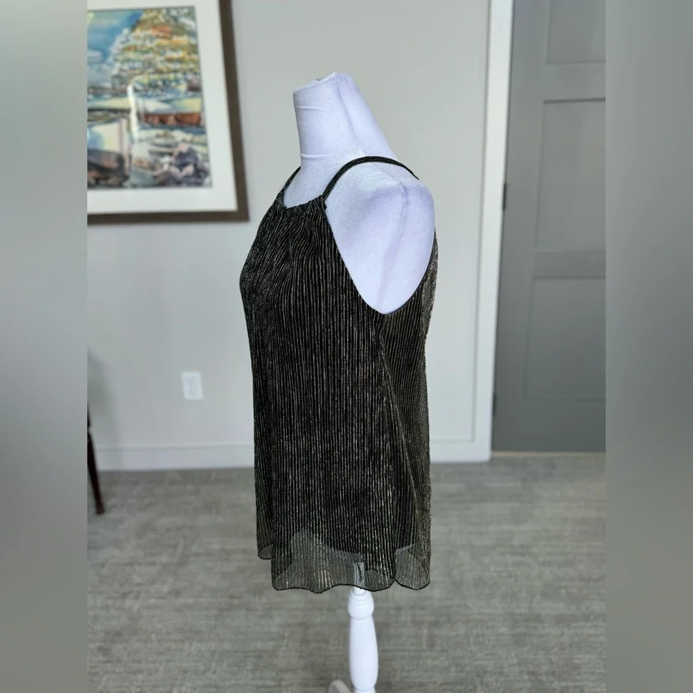 Metallic Black Gold Pleated Halter Top Sheer Overlay Date Night Party XS - Picture 7 of 12